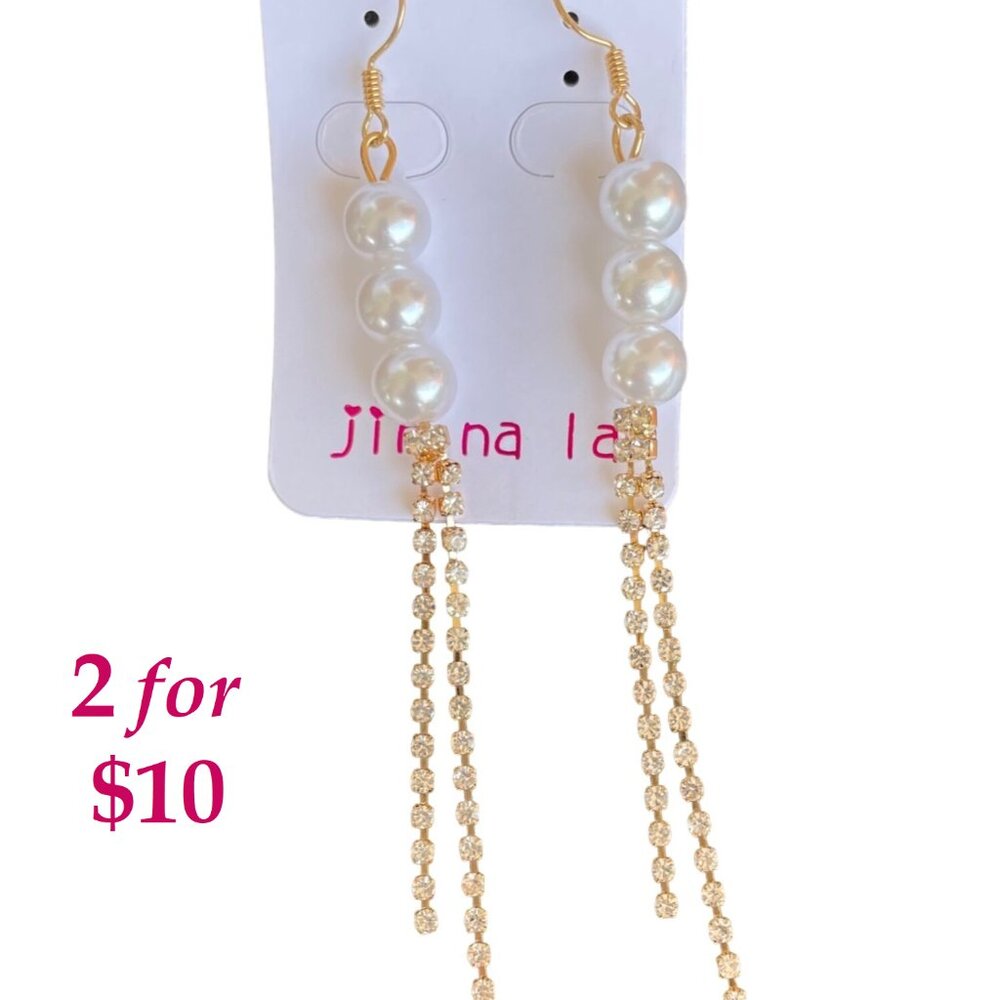 Trio of Pearl Earrings Featuring Slim Gold Tassels by Jin na la Nickel Free